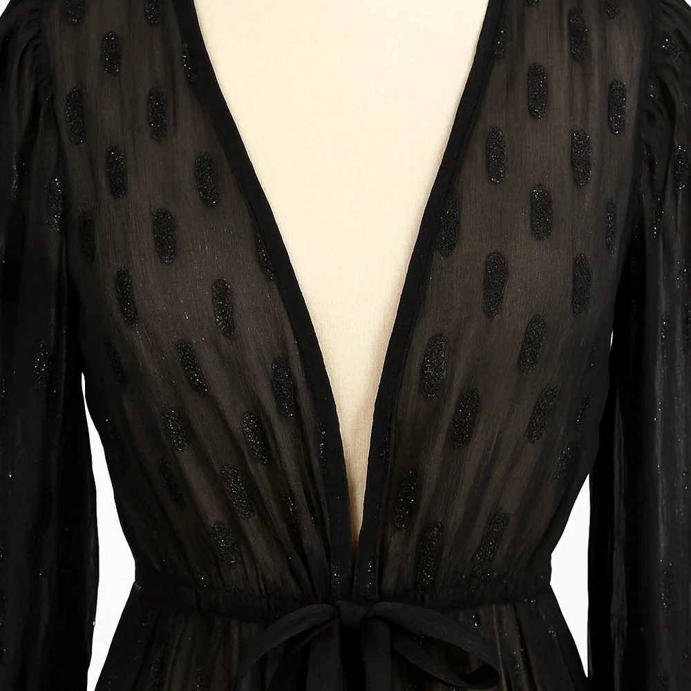 Express Sheer Glitter Duster Robe Black S/M Long Sleeve Tie Waist - Picture 3 of 7